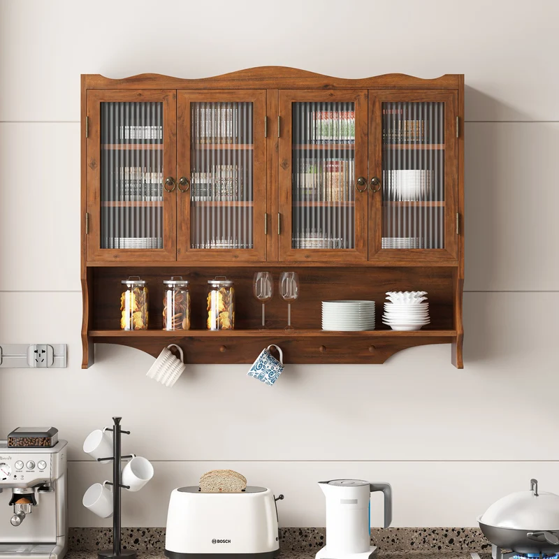 Armoire murale de cuisine en bois massif marron et verre cannalé, 4 portes 100cm SCANDINAVIANDIVIDER