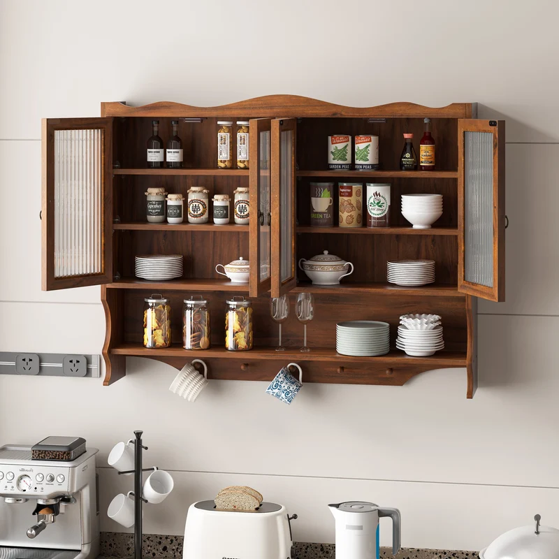 Armoire murale de cuisine en bois massif marron et verre cannalé, 4 portes 100cm SCANDINAVIANDIVIDER