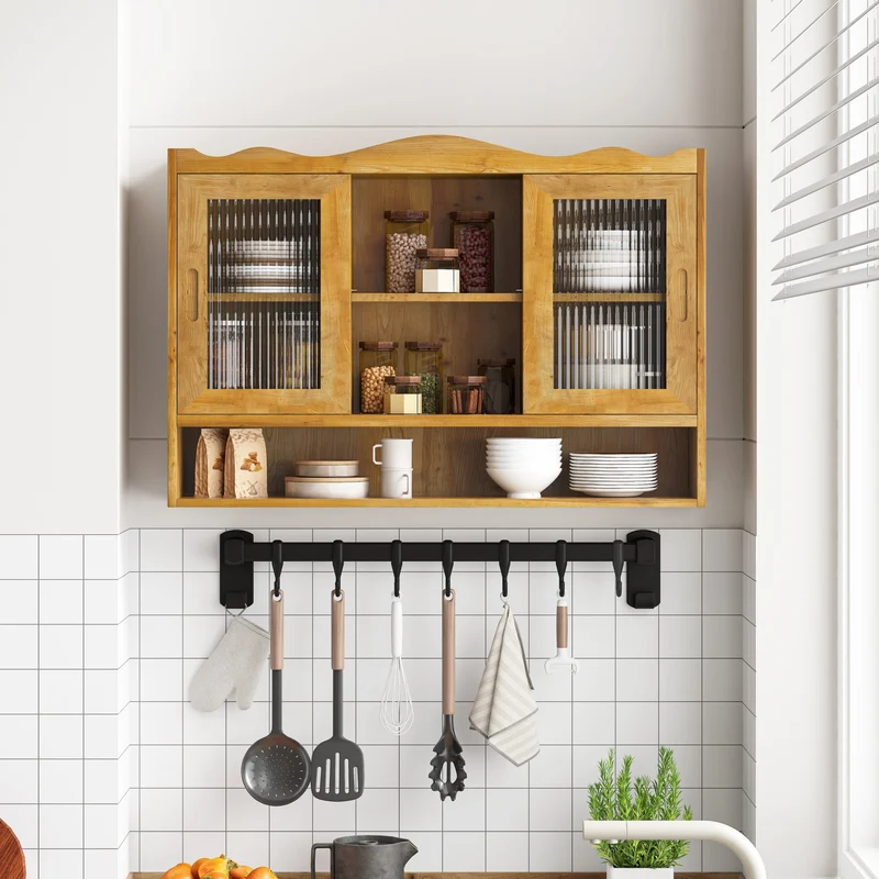 Armoire murale de cuisine effet bois massif et verre, naturel, 2 portes coulissantes 90cm SCANDINAVIANFRAME
