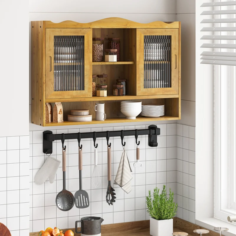 Armoire murale de cuisine effet bois massif et verre, naturel, 2 portes coulissantes 90cm SCANDINAVIANFRAME