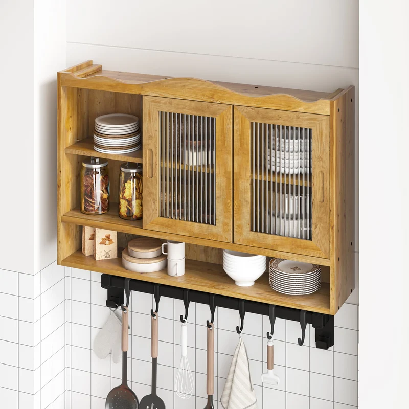 Armoire murale de cuisine effet bois massif et verre, naturel, 2 portes coulissantes 90cm SCANDINAVIANFRAME