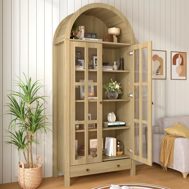 Armoire forme arche effet bois portes vitrine en acrylique 75x35x170cm RUSTICPILLOWHOME