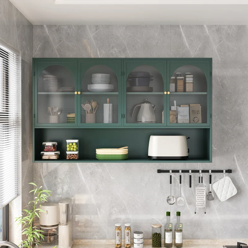 Armoire murale de cuisine métallique style industriel vert foncé avec 4 portes vitrées 120cm SCANDINAVIANCONSOLE