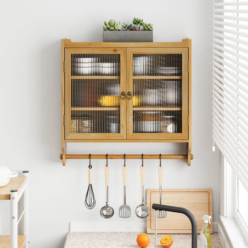 Armoire murale de cuisine effet bois massif et verre, style vintage, 3 niveaux BRIARSNOW
