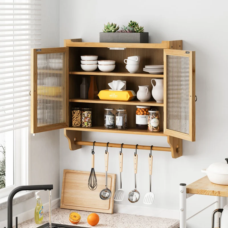 Armoire murale de cuisine effet bois massif et verre, style vintage, 3 niveaux BRIARSNOW