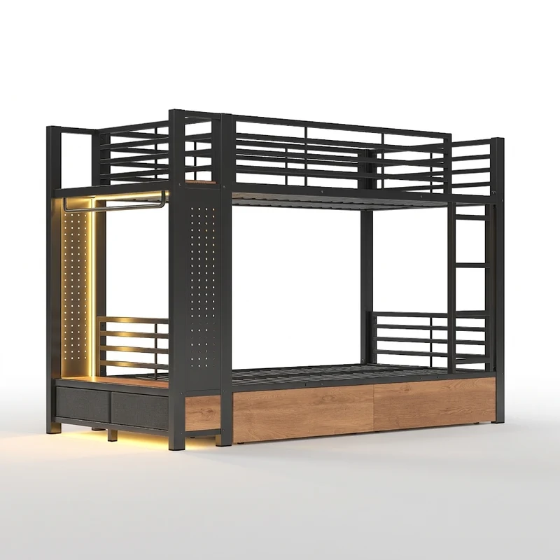 Lit superposé 90x200 cm métallique noir avec LED et tiroirs rangements RUSTICNIGHTSTAND