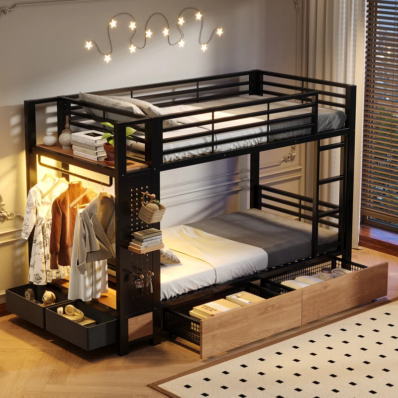 Lit superposé 90x200 cm métallique noir avec LED et tiroirs rangements RUSTICNIGHTSTAND