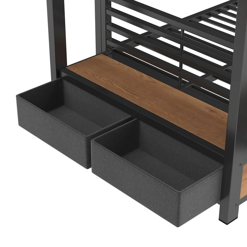 Lit superposé 90x200 cm métallique noir avec LED et tiroirs rangements RUSTICNIGHTSTAND