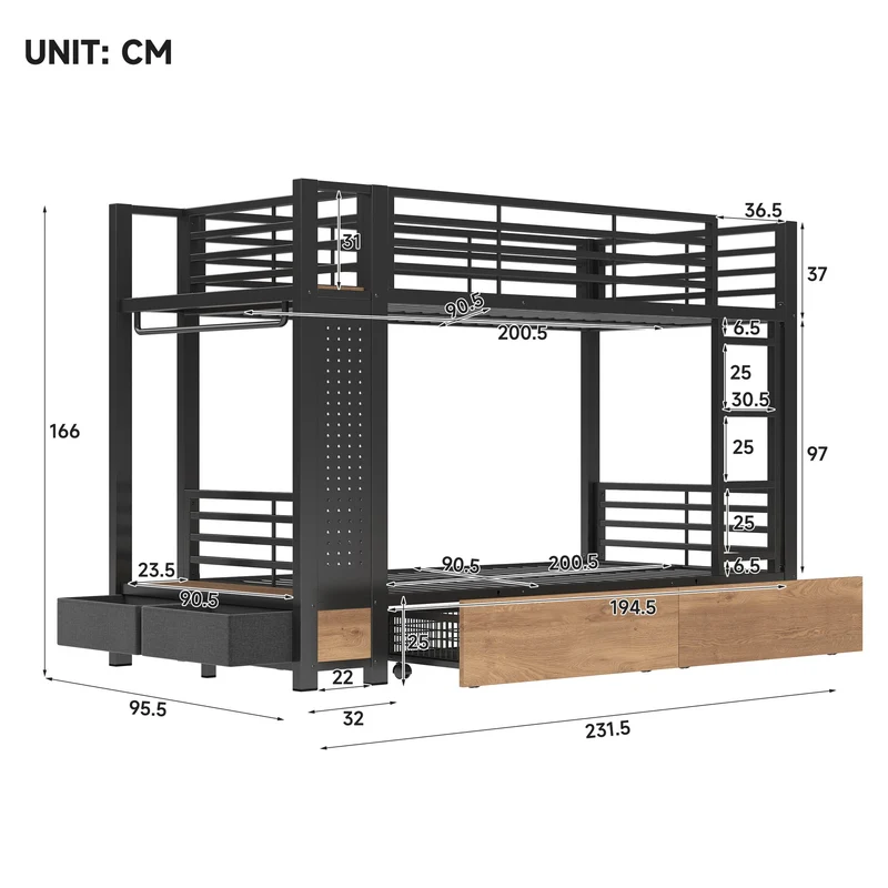 Lit superposé 90x200 cm métallique noir avec LED et tiroirs rangements RUSTICNIGHTSTAND