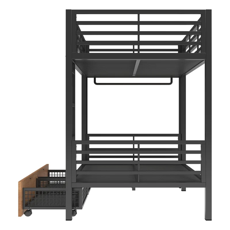Lit superposé 90x200 cm métallique noir avec LED et tiroirs rangements RUSTICNIGHTSTAND