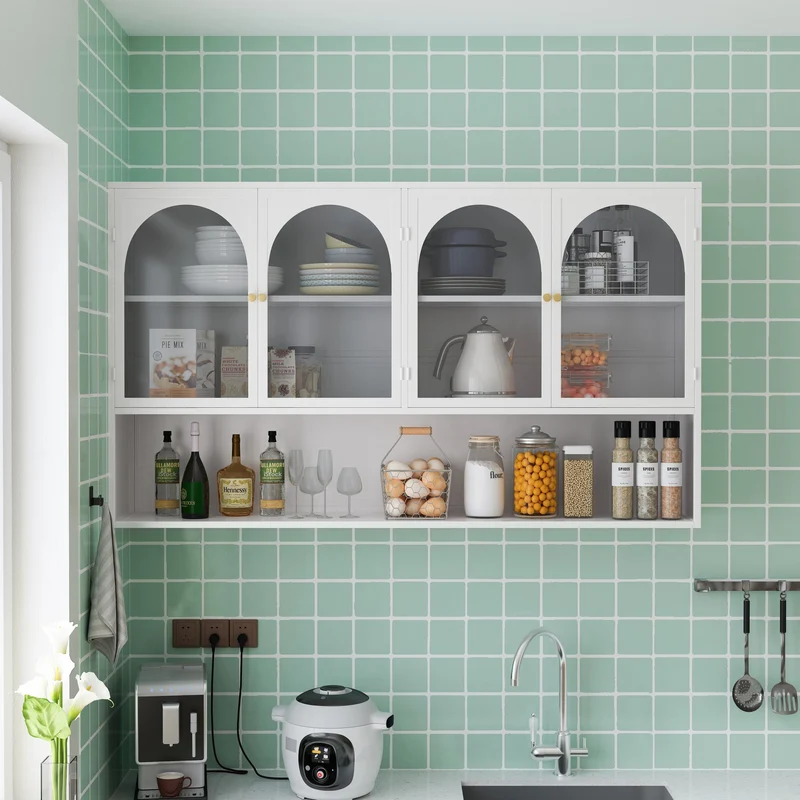 Armoire murale de cuisine métallique blanche avec 4 portes vitrées 120cm SCANDINAVIANCONCRETE