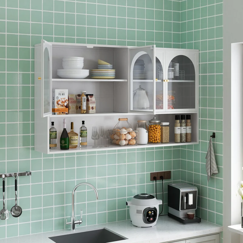 Armoire murale de cuisine métallique blanche avec 4 portes vitrées 120cm SCANDINAVIANCONCRETE