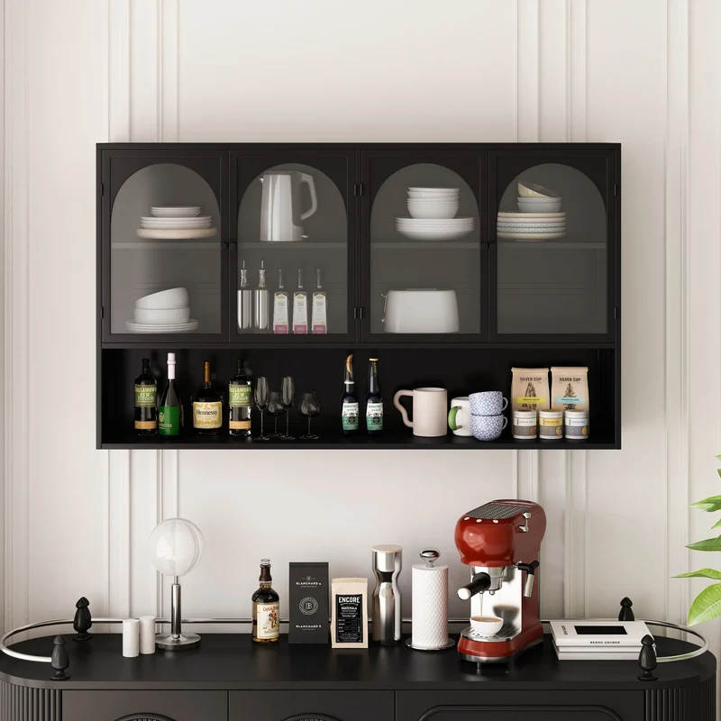 Armoire murale de cuisine métallique noire style industriel avec 4 portes vitrées 120cm SCANDINAVIANBOOKCASE