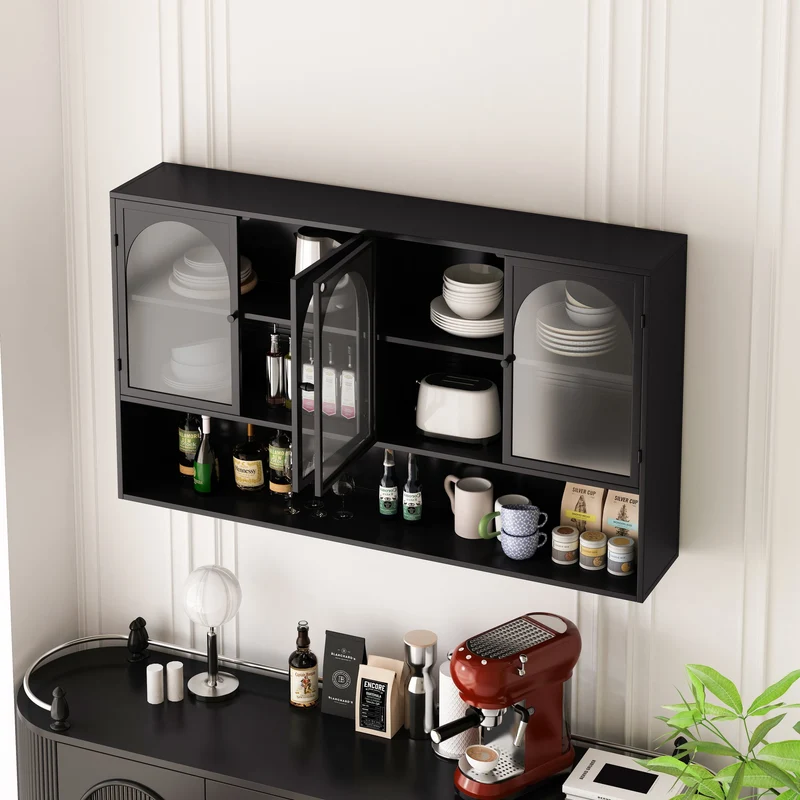 Armoire murale de cuisine métallique noire style industriel avec 4 portes vitrées 120cm SCANDINAVIANBOOKCASE