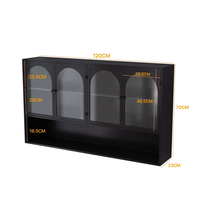 Armoire murale de cuisine métallique noire style industriel avec 4 portes vitrées 120cm SCANDINAVIANBOOKCASE