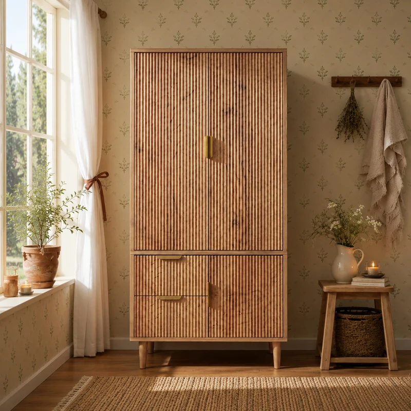 Armoire effet chêne 3 portes, 2 tiroirs, cannage 3D poignées dorés 80×50×177cm RUSTICTRAYART