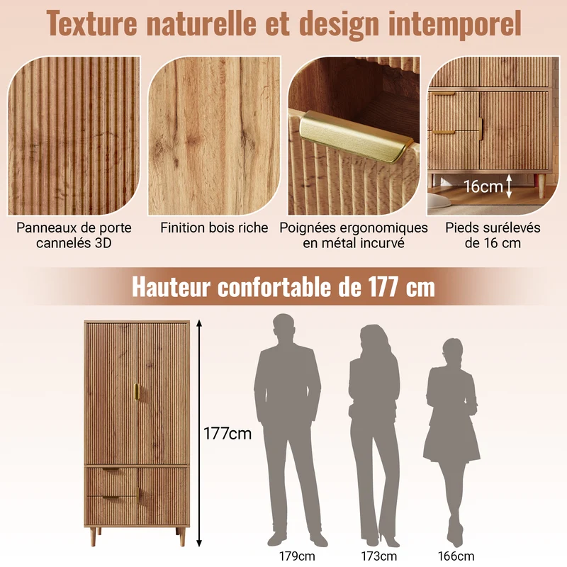 Armoire effet chêne 3 portes, 2 tiroirs, cannage 3D poignées dorés 80×50×177cm RUSTICTRAYART