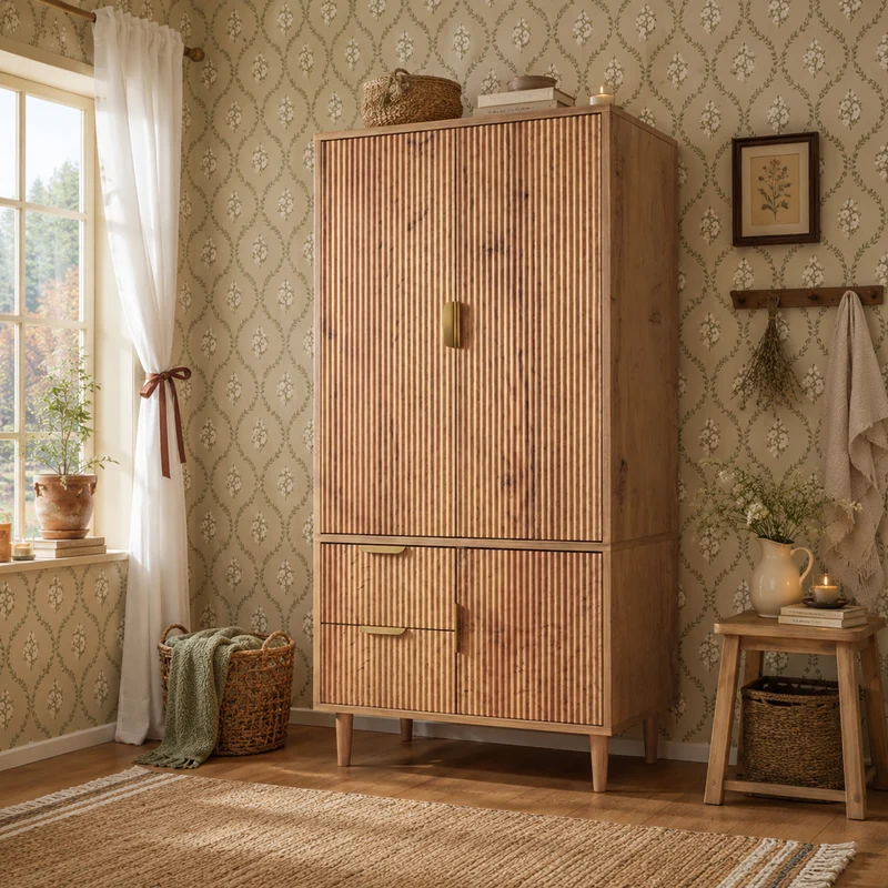 Armoire effet chêne 3 portes, 2 tiroirs, cannage 3D poignées dorés 80×50×177cm RUSTICTRAYART