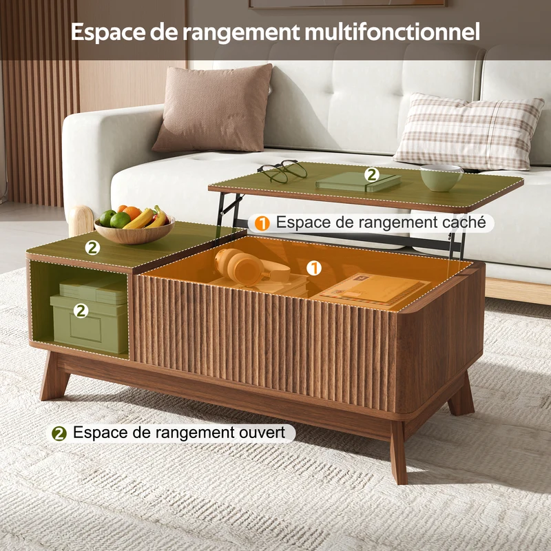 Table basse relevable effet noyer 1 niche 95x48cm ADJUSTCONCRETEELITE