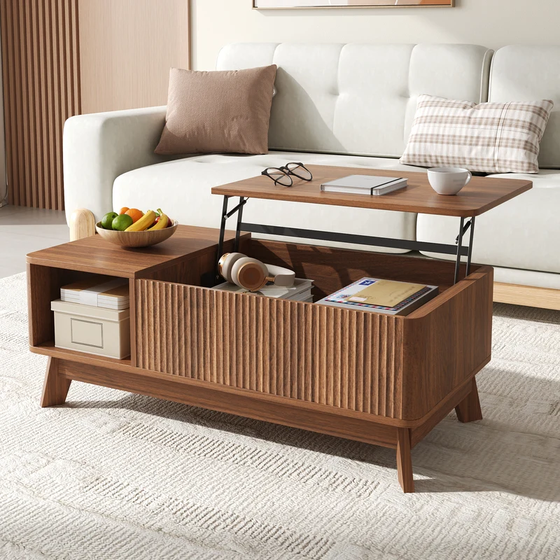 Table basse relevable effet noyer 1 niche 95x48cm ADJUSTCONCRETEELITE