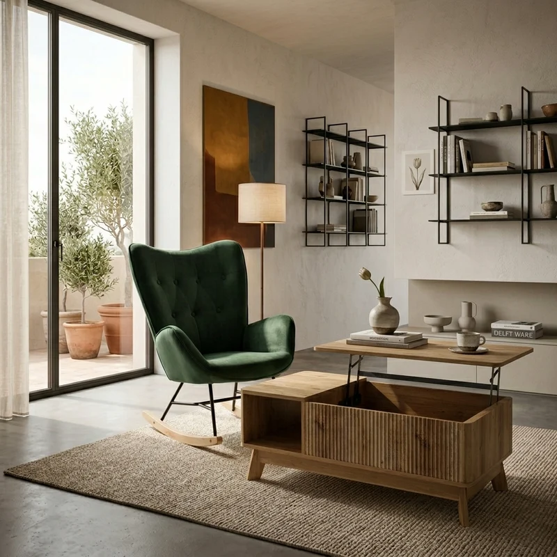 Table basse relevable effet bois naturel design ondulé 95x48x50cm ADJUSTCHROMELINE