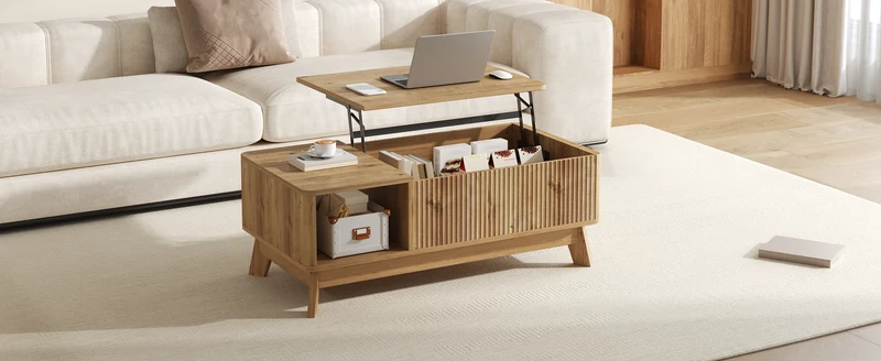 Table basse relevable effet bois naturel design ondulé 95x48x50cm ADJUSTCHROMELINE