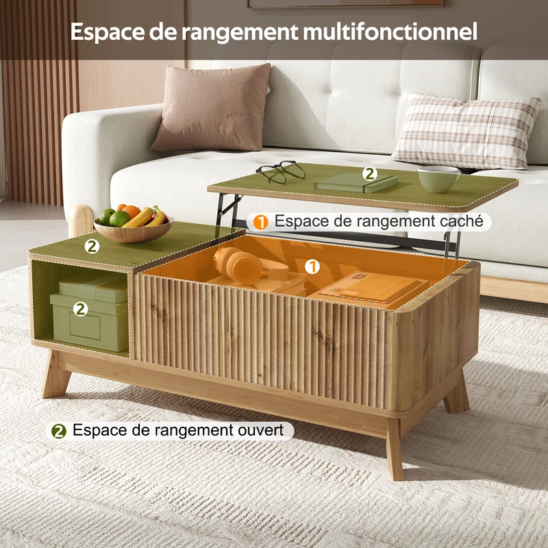 Table basse relevable effet bois naturel design ondulé 95x48x50cm ADJUSTCHROMELINE
