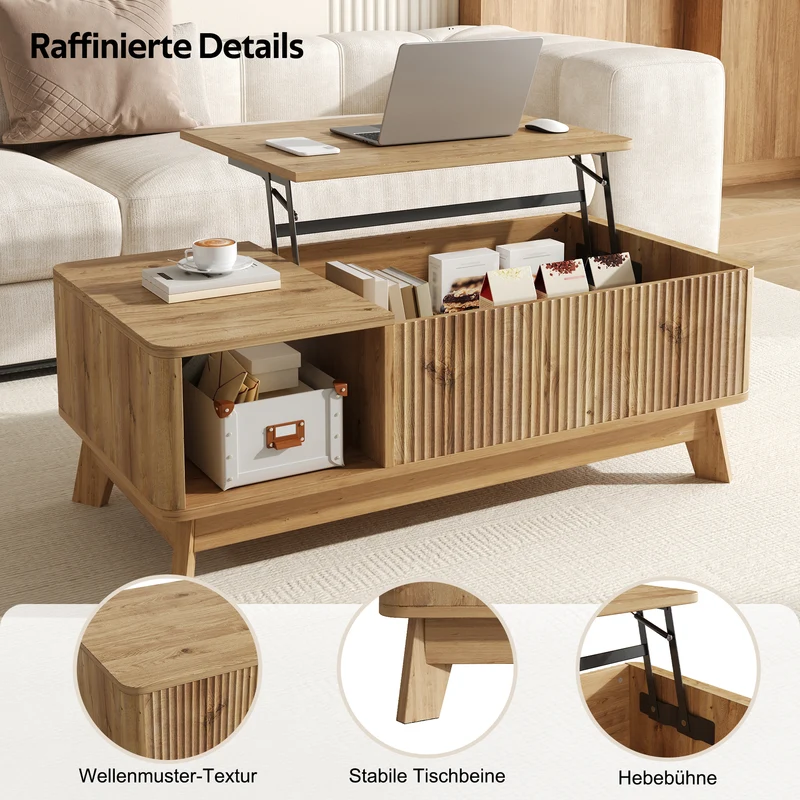 Table basse relevable effet bois naturel design ondulé 95x48x50cm ADJUSTCHROMELINE