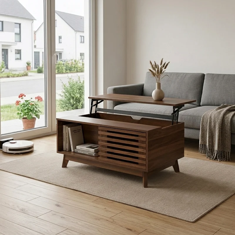 Table basse relevable effet bois noyer style rétro 100x48x55,5cm ADJUSTBOX