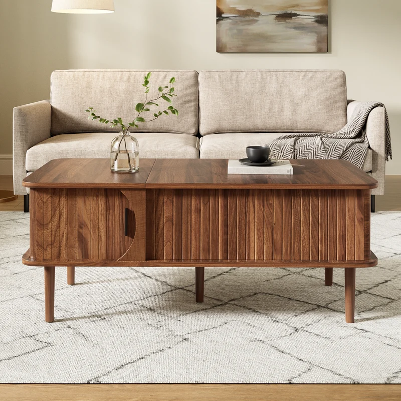 Table basse relevable effet bois noyer style rétro 100x48x55,5cm ADJUSTBOX