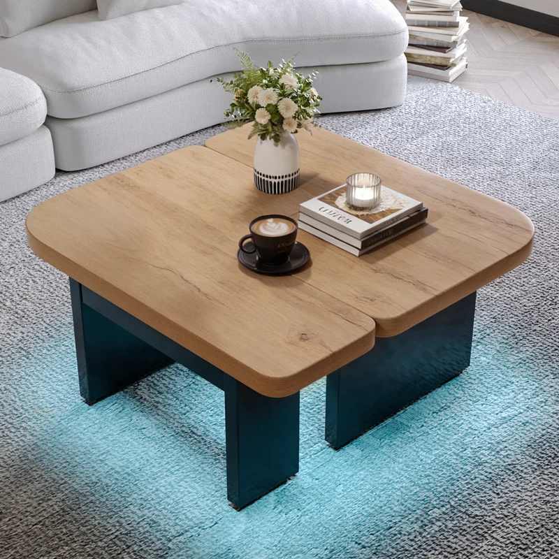 Set de 2 tables basses gigognes effet bois et design en S avec éclairage LED intégré et 2 tiroirs