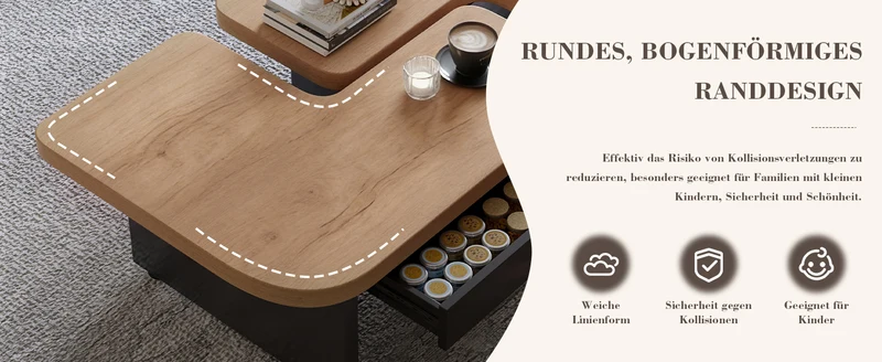 Set de 2 tables basses gigognes effet bois et design en S avec éclairage LED intégré et 2 tiroirs