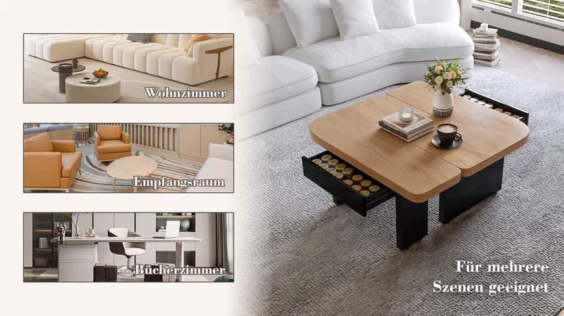 Set de 2 tables basses gigognes effet bois et design en S avec éclairage LED intégré et 2 tiroirs