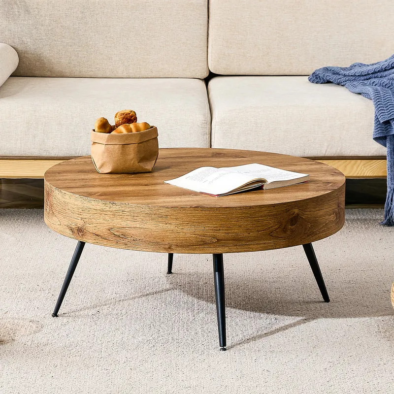 Table basse ronde 70 cm effet bois MDF pieds métal noir VISTALON