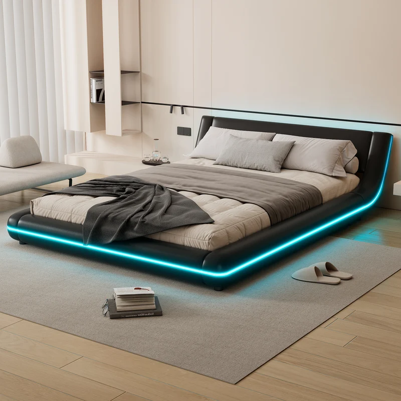 Lit double plateforme PU noir avec éclairage LED 140x200 cm LUNALA