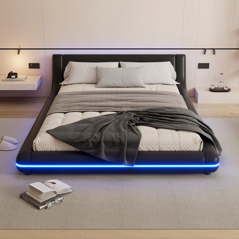 Lit double plateforme PU noir avec éclairage LED 140x200 cm LUNALA
