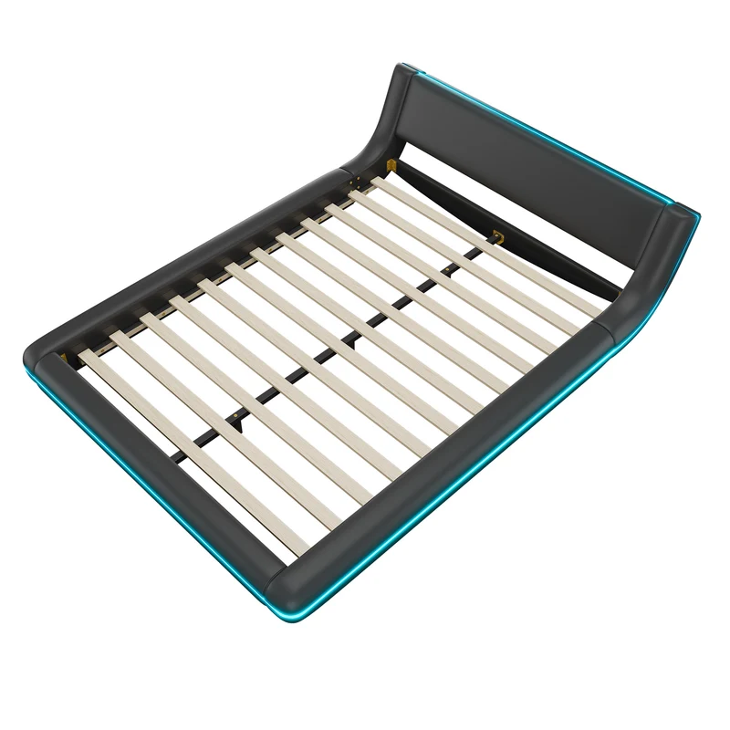 Lit double plateforme PU noir avec éclairage LED 140x200 cm LUNALA