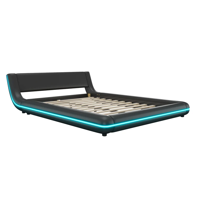 Lit double plateforme PU noir avec éclairage LED 140x200 cm LUNALA