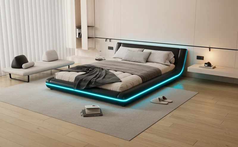 Lit double plateforme PU noir avec éclairage LED 140x200 cm LUNALA