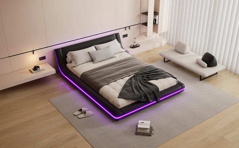 Lit double plateforme PU noir avec éclairage LED 140x200 cm LUNALA