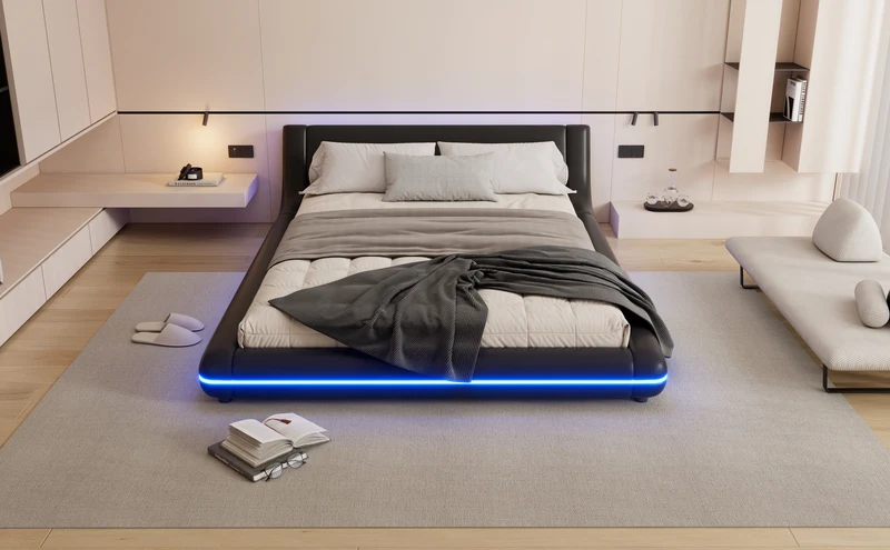 Lit double plateforme PU noir avec éclairage LED 140x200 cm LUNALA