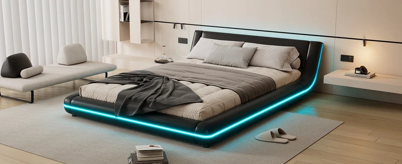 Lit double plateforme PU noir avec éclairage LED 140x200 cm LUNALA