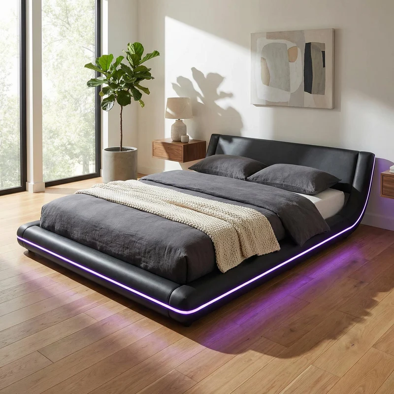 Lit double plateforme PU noir avec éclairage LED 140x200 cm LUNALA