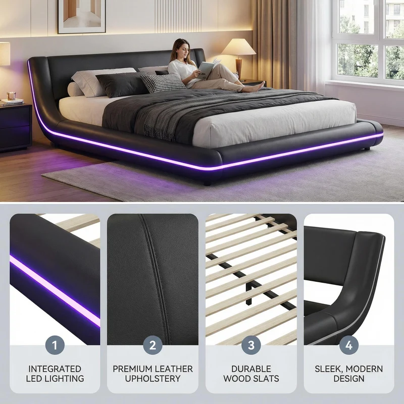 Lit double plateforme PU noir avec éclairage LED 140x200 cm LUNALA