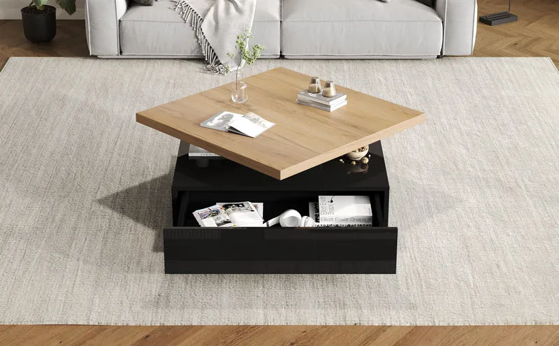 Table basse carrée effet bois et noir pivotante 360° 2 niveaux, design moderne 70x70cm AFTERFEATHER