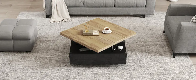Table basse carrée effet bois et noir pivotante 360° 2 niveaux, design moderne 70x70cm AFTERFEATHER