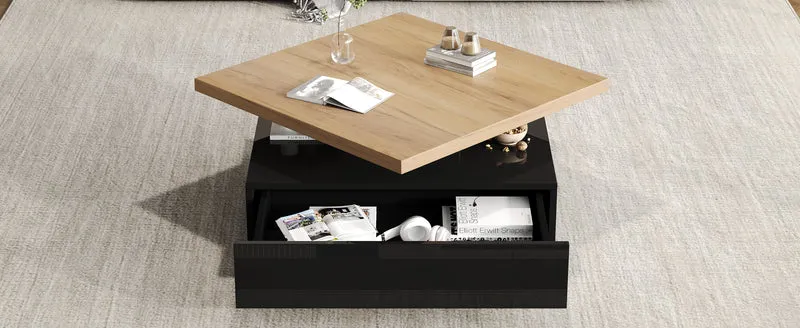 Table basse carrée effet bois et noir pivotante 360° 2 niveaux, design moderne 70x70cm AFTERFEATHER
