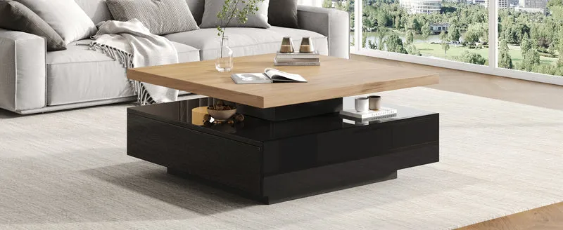 Table basse carrée effet bois et noir pivotante 360° 2 niveaux, design moderne 70x70cm AFTERFEATHER
