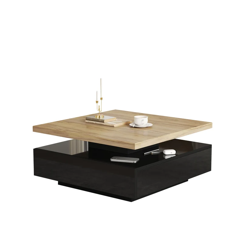 Table basse carrée effet bois et noir pivotante 360° 2 niveaux, design moderne 70x70cm AFTERFEATHER
