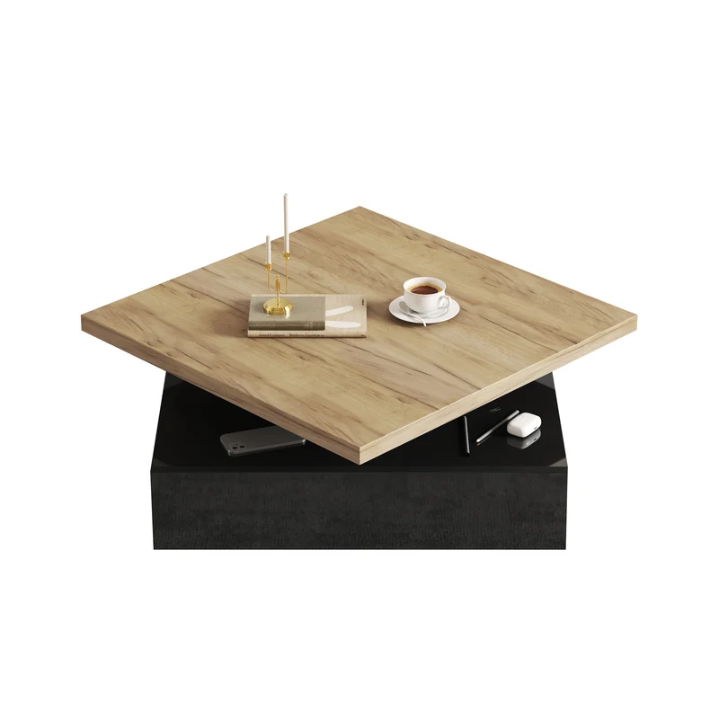 Table basse carrée effet bois et noir pivotante 360° 2 niveaux, design moderne 70x70cm AFTERFEATHER